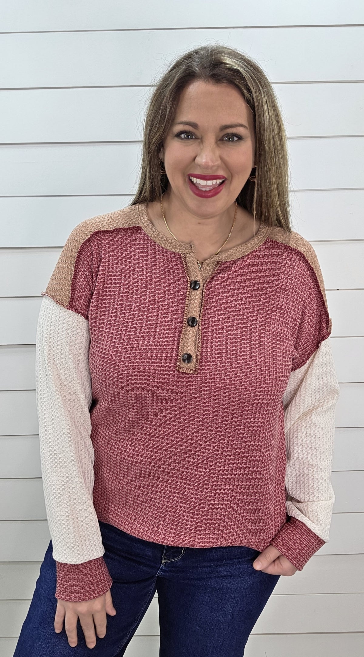 BURGUNDY COLORBLOCK WAFFLE KNIT TOP