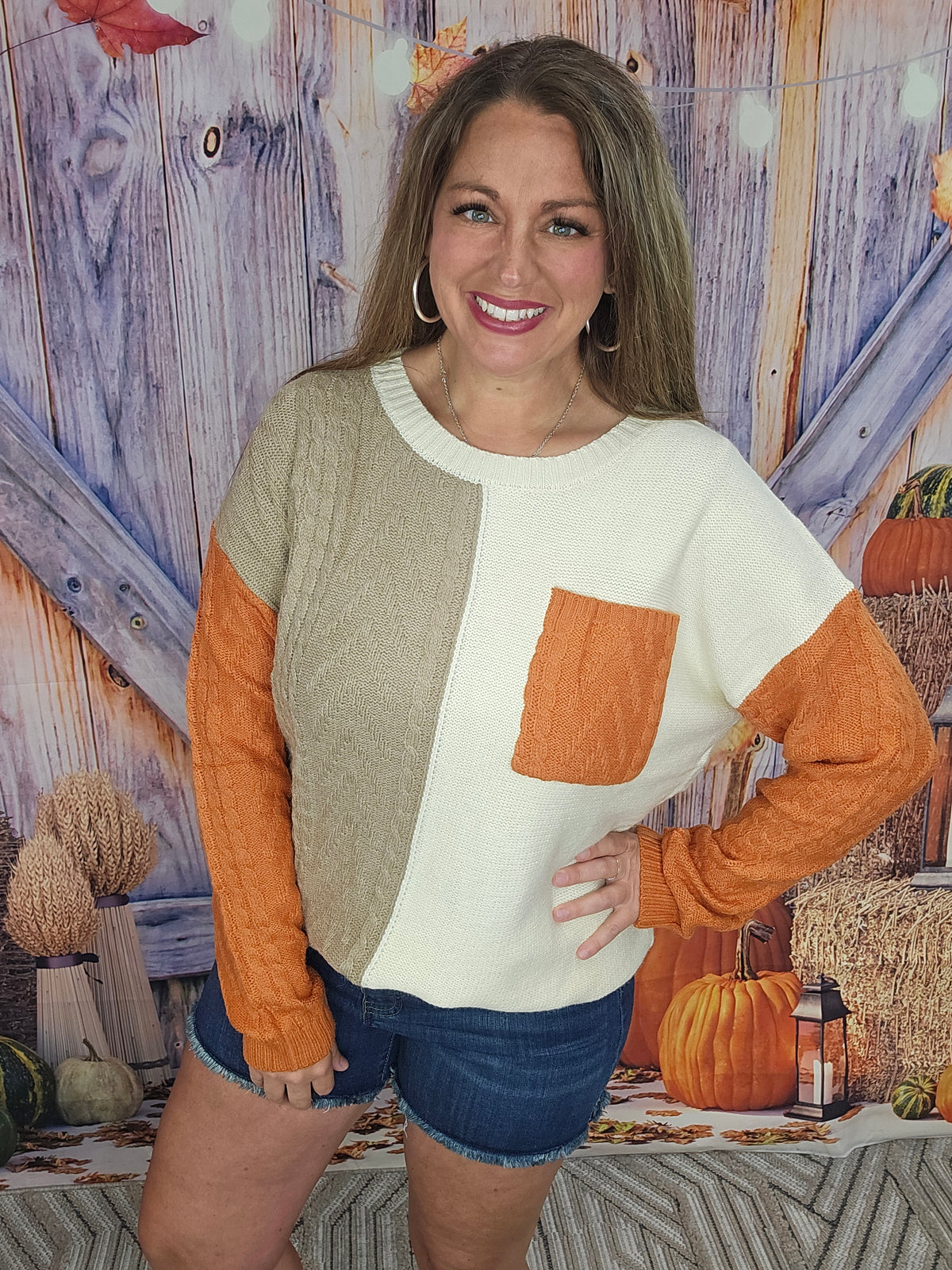 ORANGE FLAME COLORBLOCK PATCHED POCKET DROP SHOULDER SWEATER