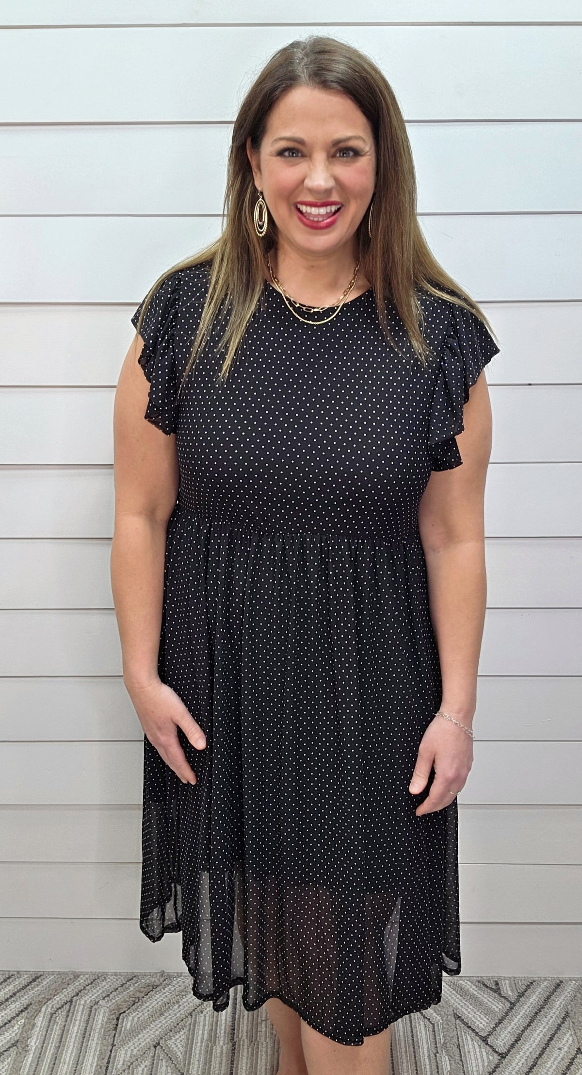 BLACK POLKA DOT MESH OVERLAY DRESS