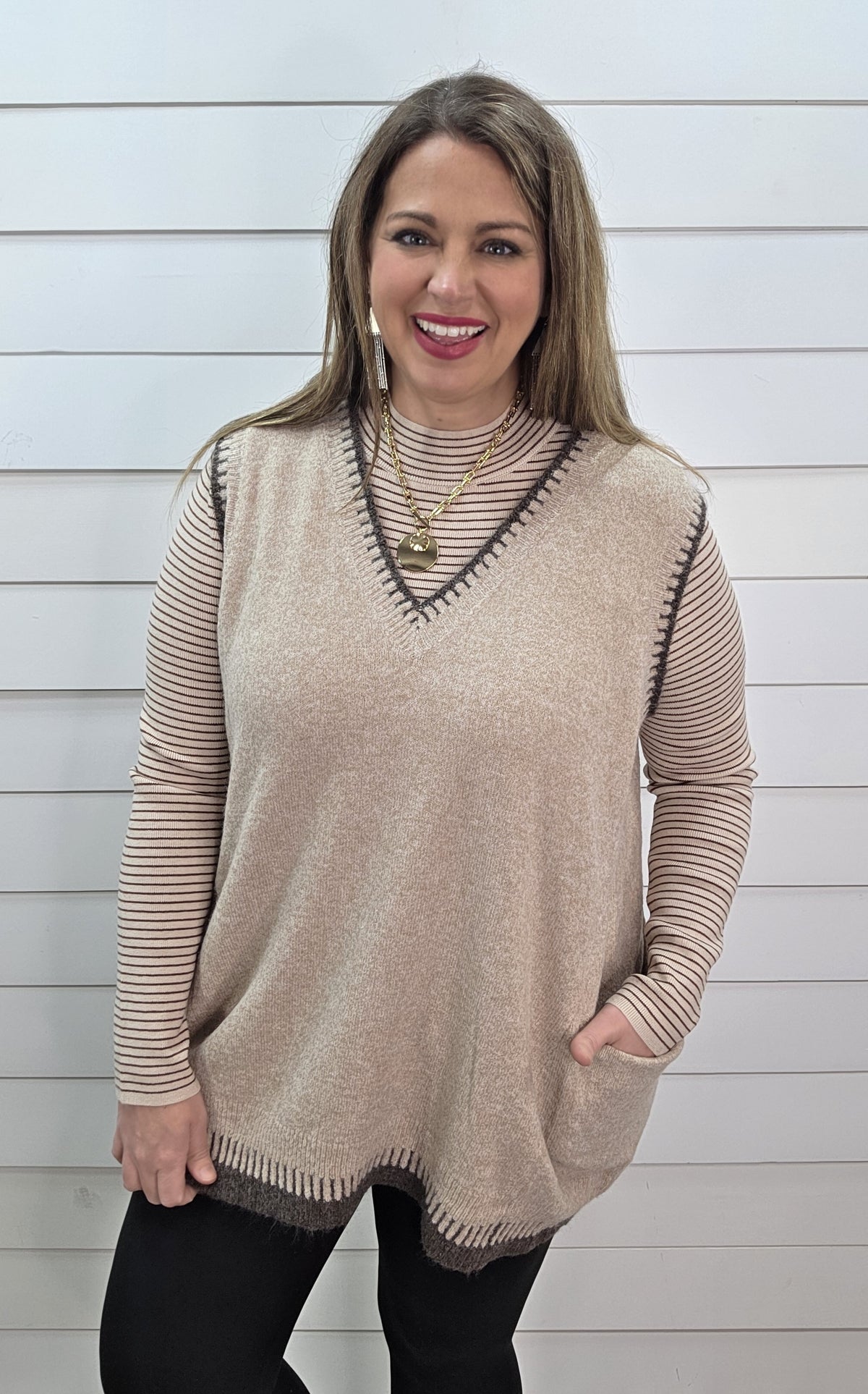 MOCHA V NECK STITCH FINISH LONG SWEATER VEST