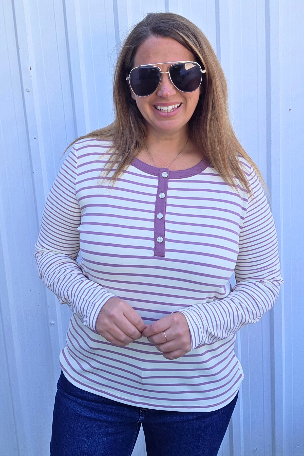 Ivory/Lavender Color Contrasted Button Henley, Long Sleeve, Stripe Knit Top