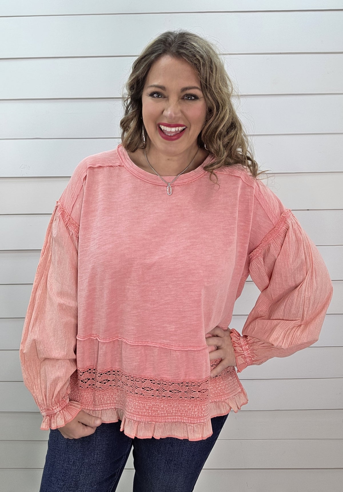 CORAL OVERSIZED MINERAL WASHED LACE TRIM TOP