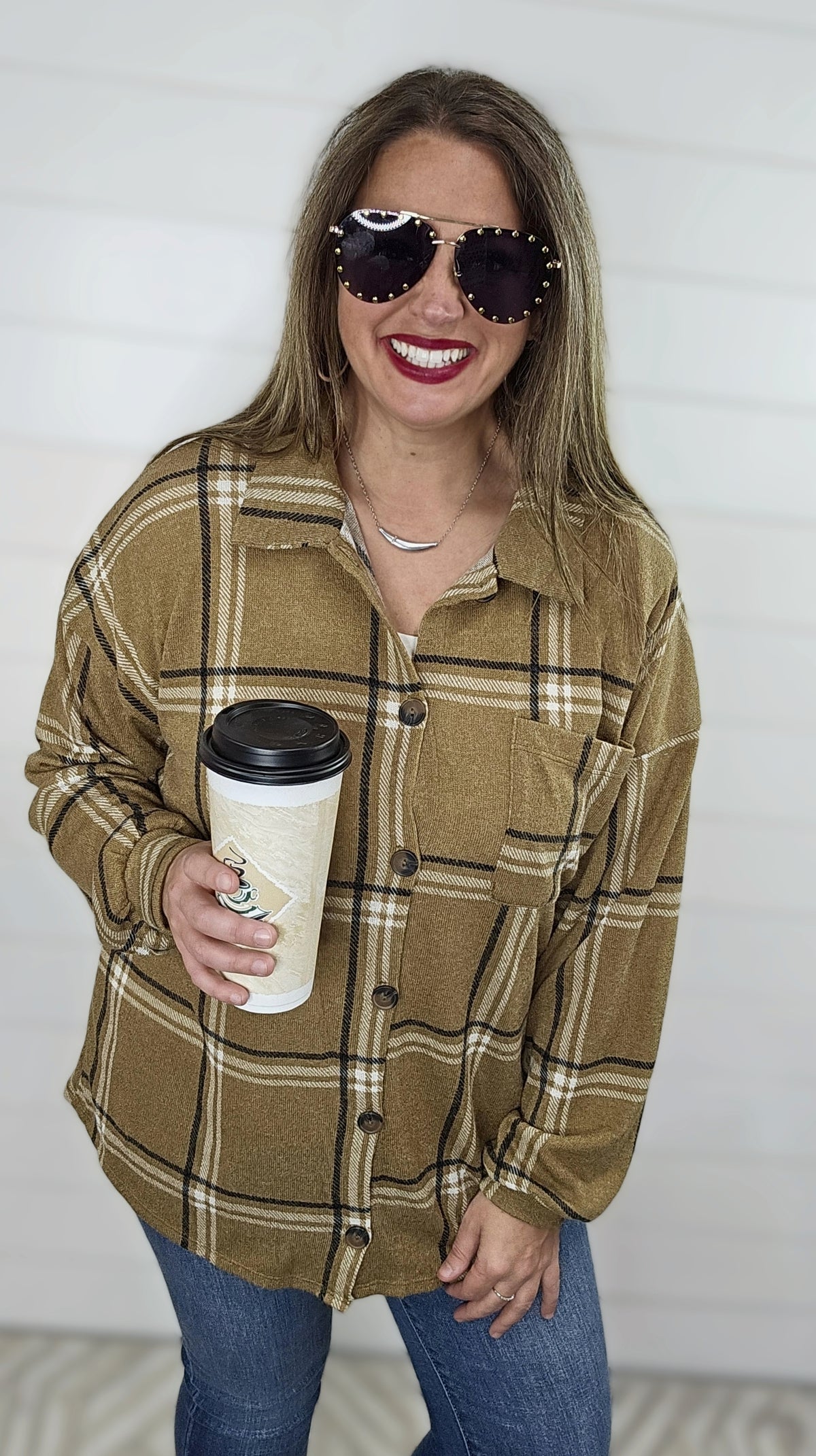 CAMEL PLAID CHECK BUTTON DOWN TOP