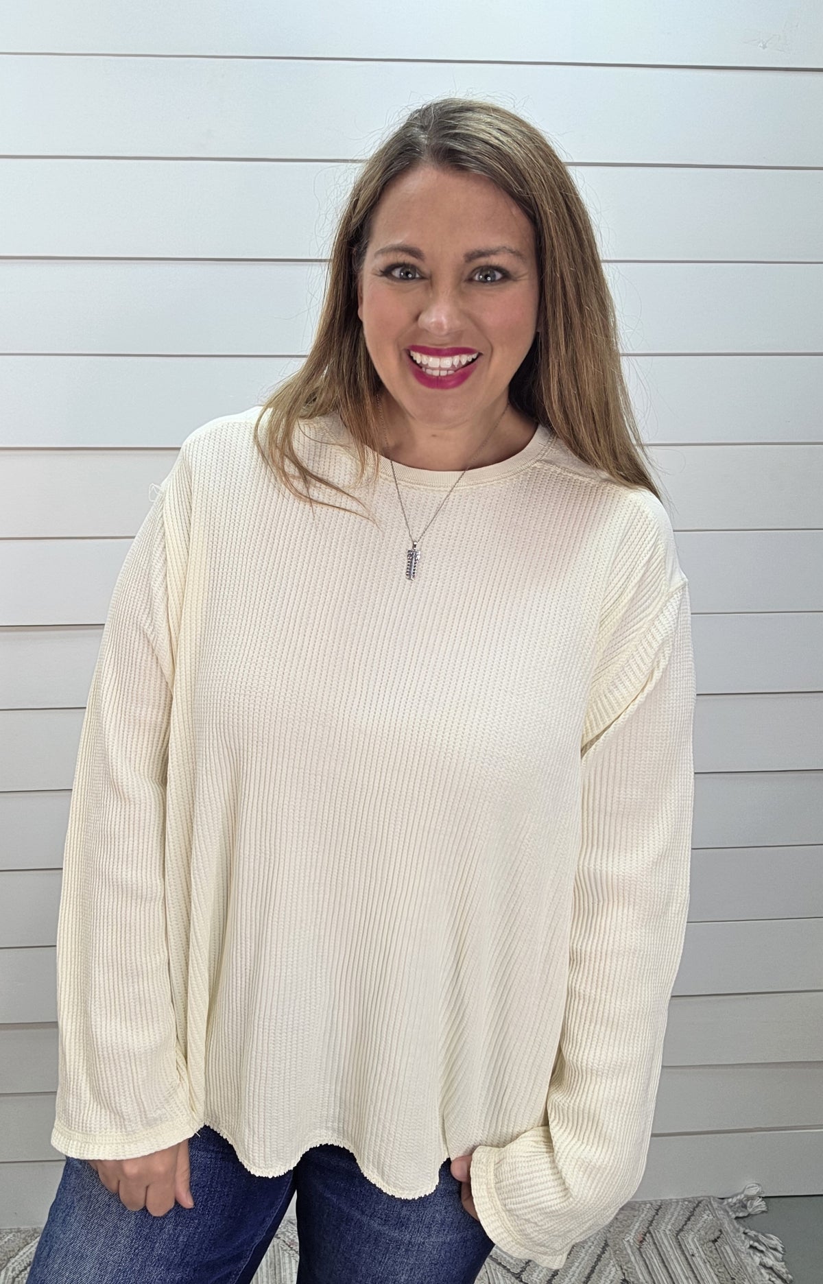 CREAM MINERAL WASH WAFFLE TEXTURED CONTRAST KNIT TOP