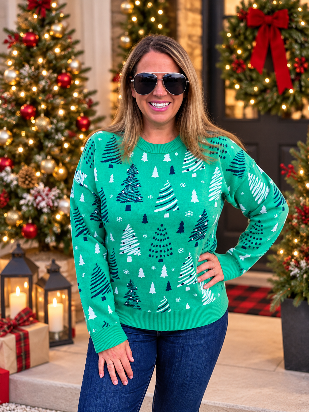 GREEN Christmas Theme, Jacquarded, Crew Neck Sweater
