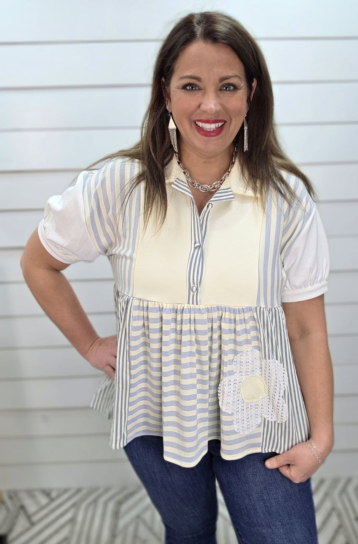 SKY BLUE CONTRAST STRIPED HALF BUTTON LAY DOWN COLLAR FLORAL TRIM TOP