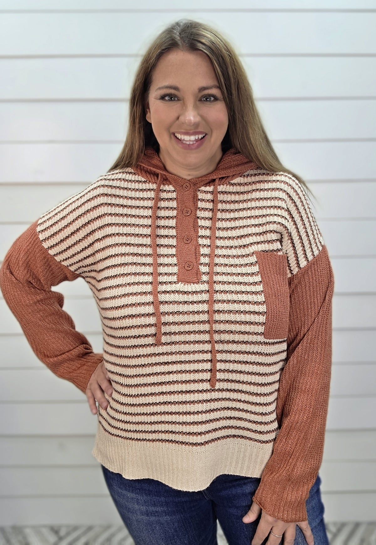 RUST Striped, Hoodie, Half Button, Chest Pocket, Pullover