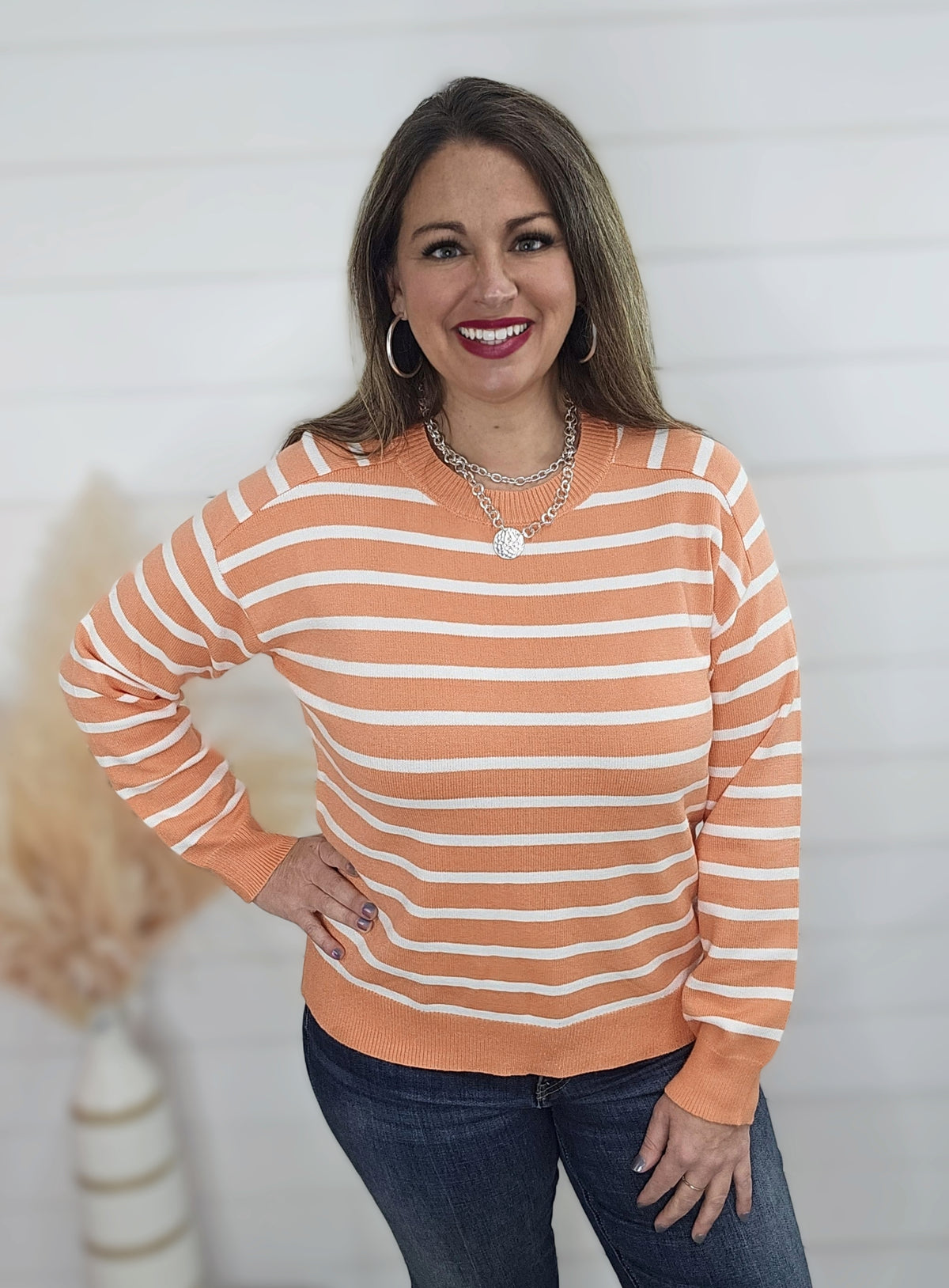 CORAL/WHITE STRIPED SOFT SWEATER