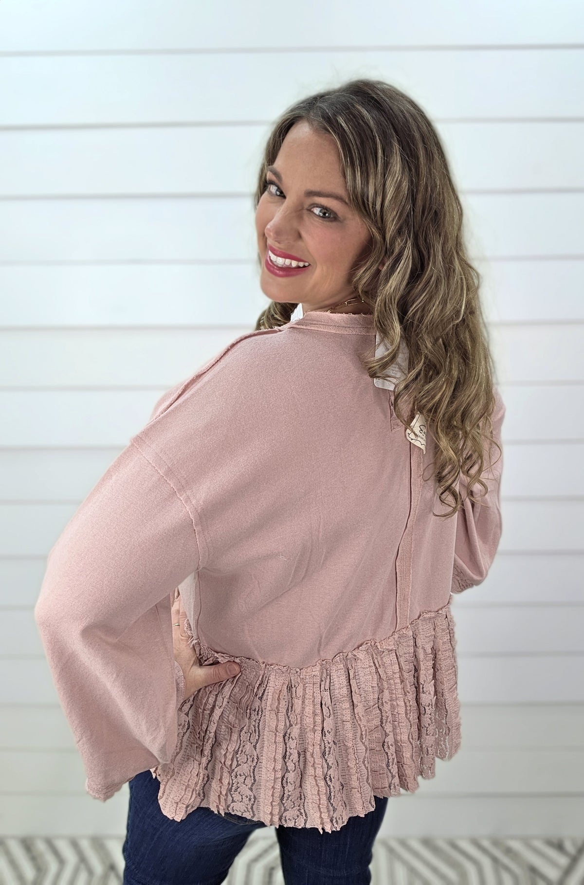 DUSTY ROSE LACE TRIM FRILL FRENCH TERRY TOP