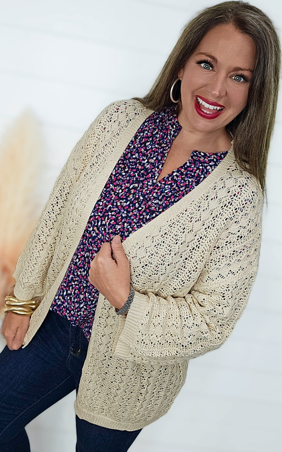 BEIGE OPEN KNIT DROP SHOULDER CARDIGAN