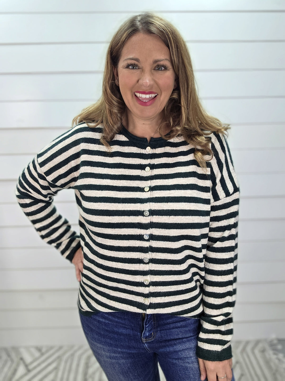 FOREST Striped Long Sleeve Button Down Sweater Cardigan