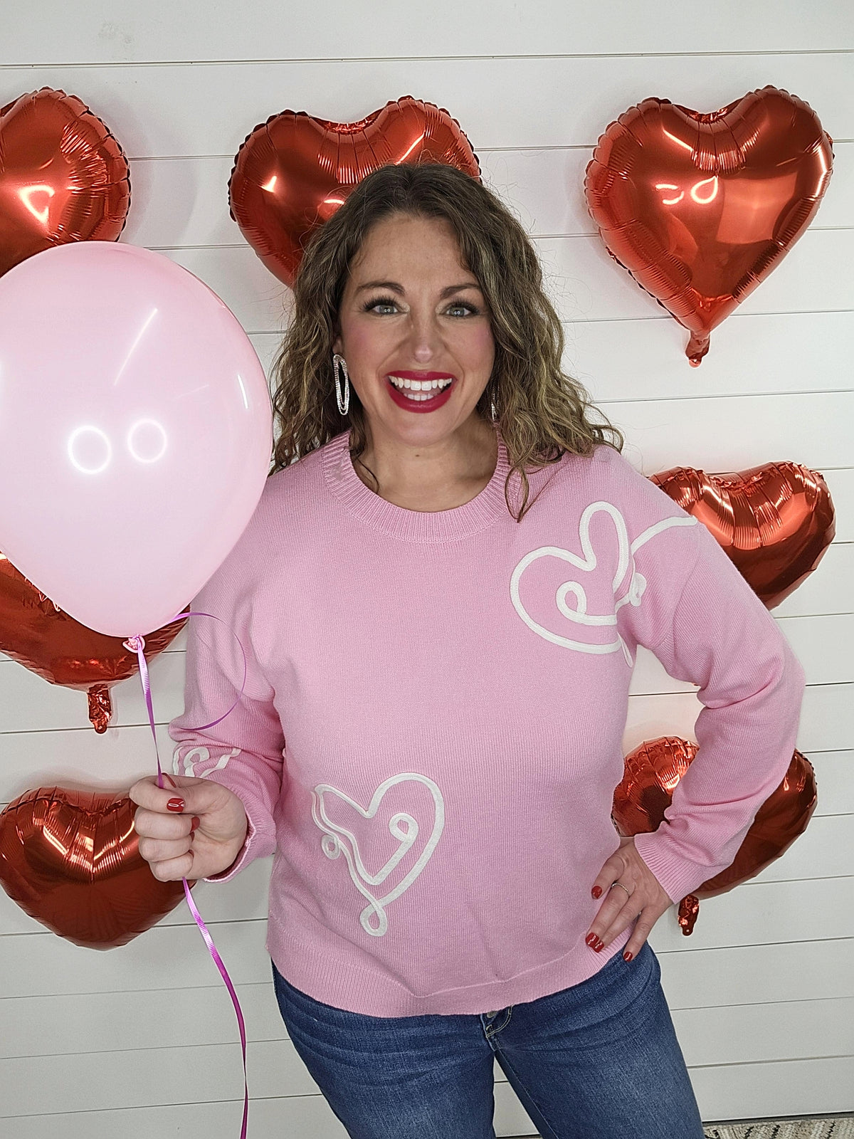 PINK HEART EMBROIDERED PULLOVER SWEATER