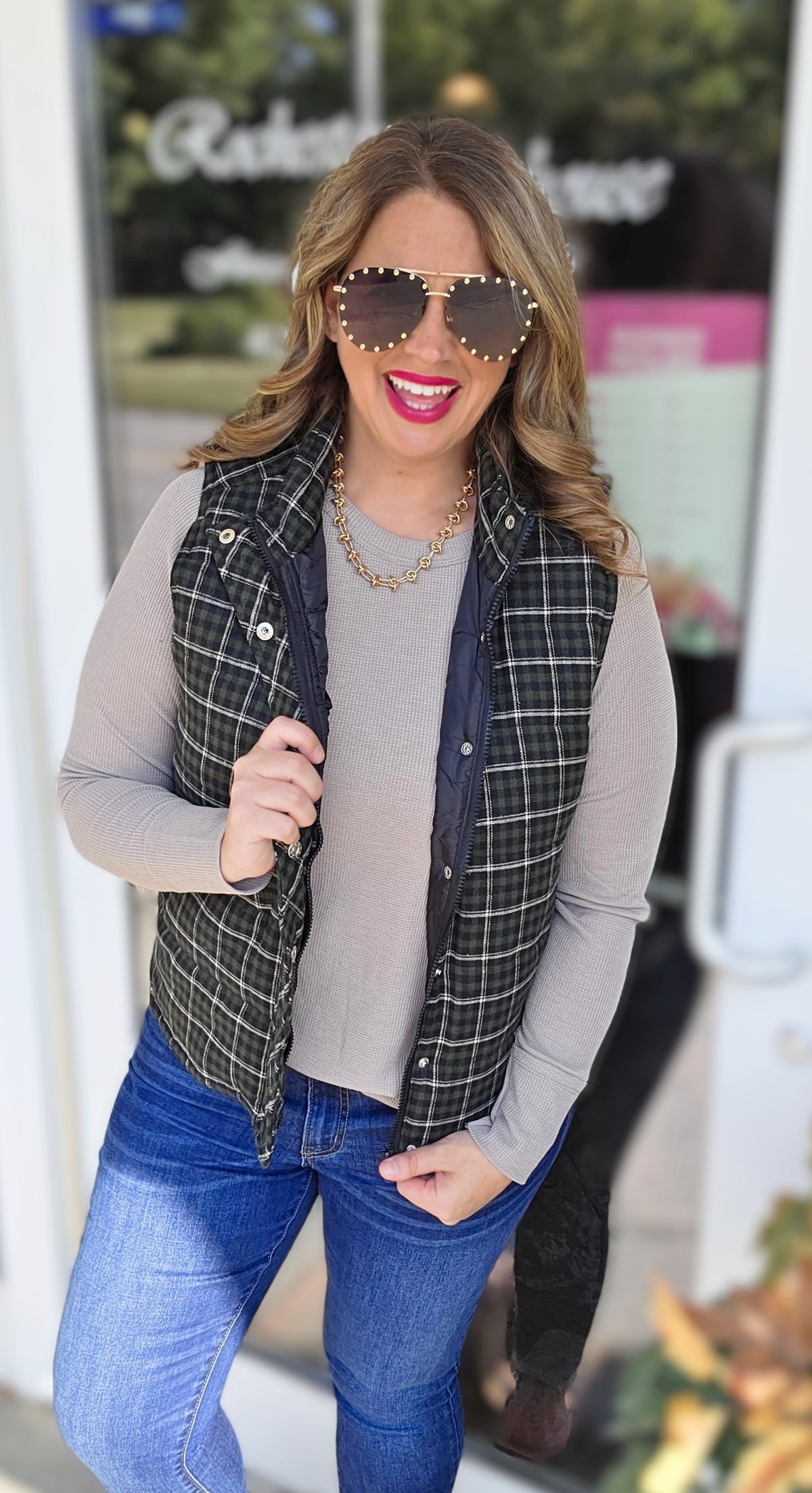 DK GREEN CHECK PLAID SNAP/ZIPPER VEST