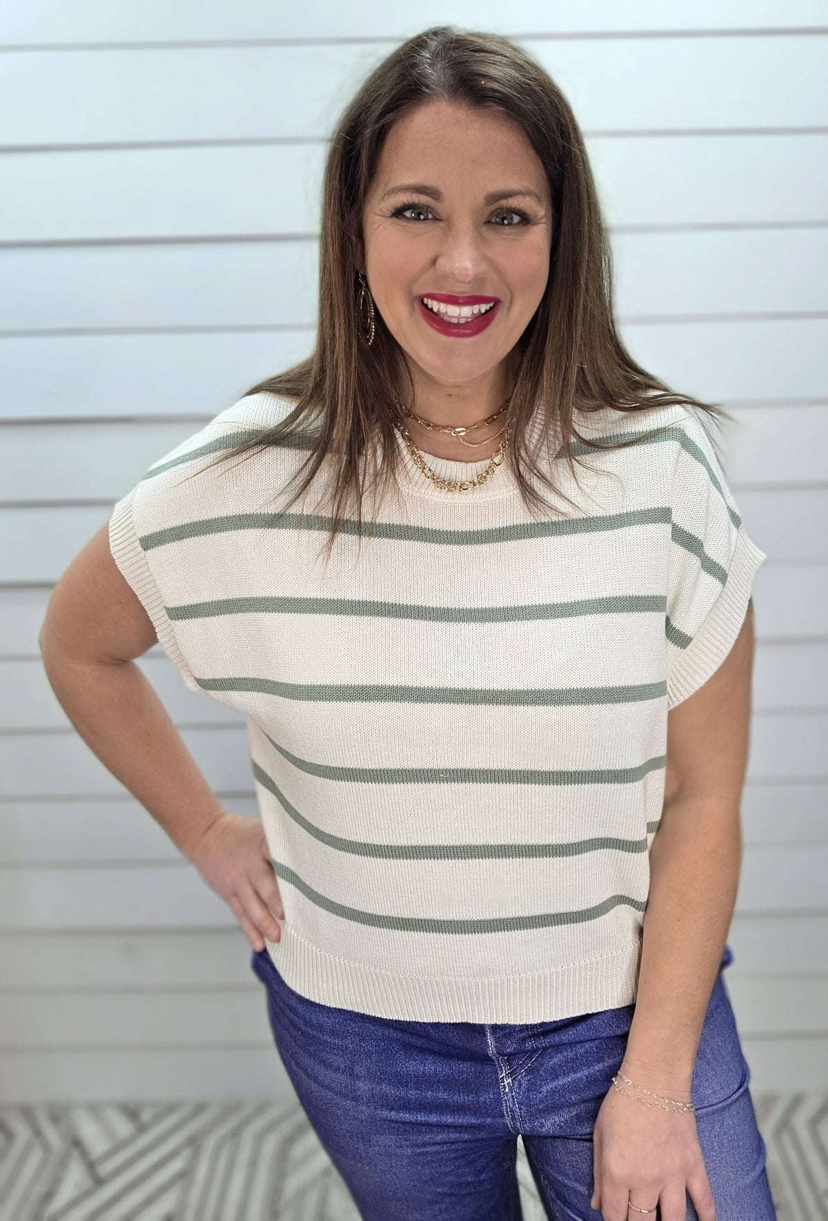 SAGE GREEN STRIPED SHORT SLEEVE SWEATER KNIT TOP