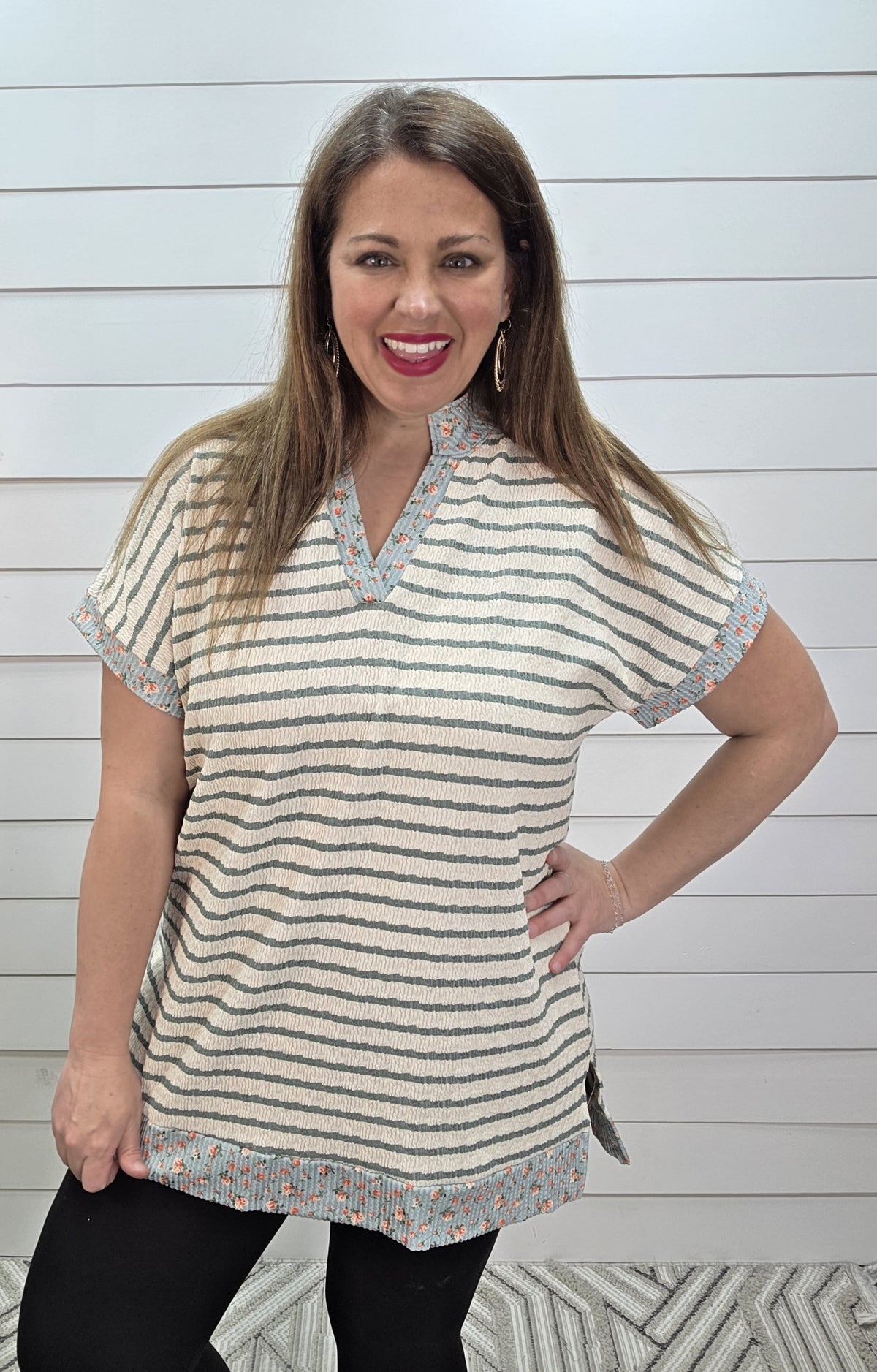 CREAM/SAGE STRIPED TEXTURED TOP W/ FLORAL TRIM