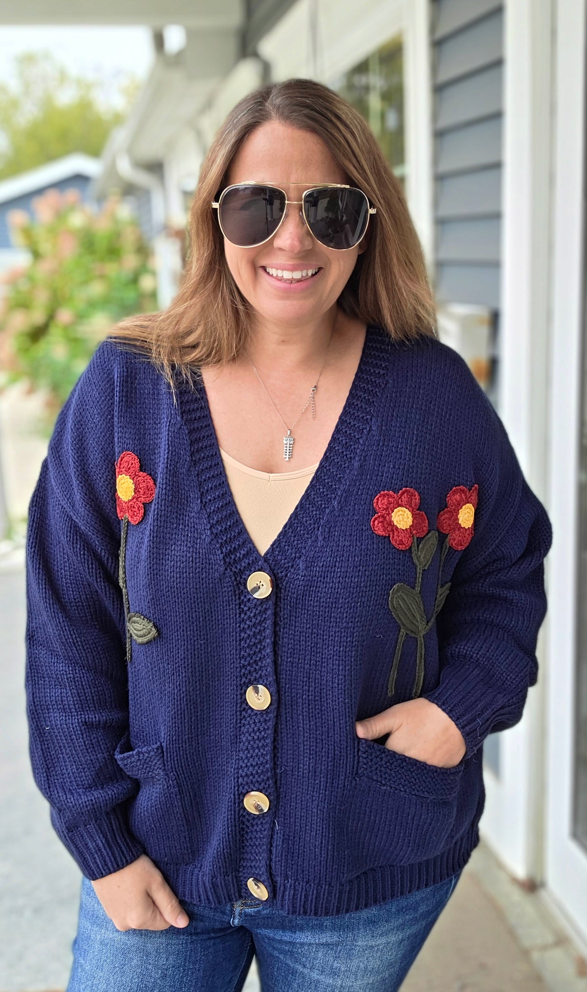 NAVY V Neck Button Down Long Sleeve Oversized Loose Fit Sweater Cardigan With Flower