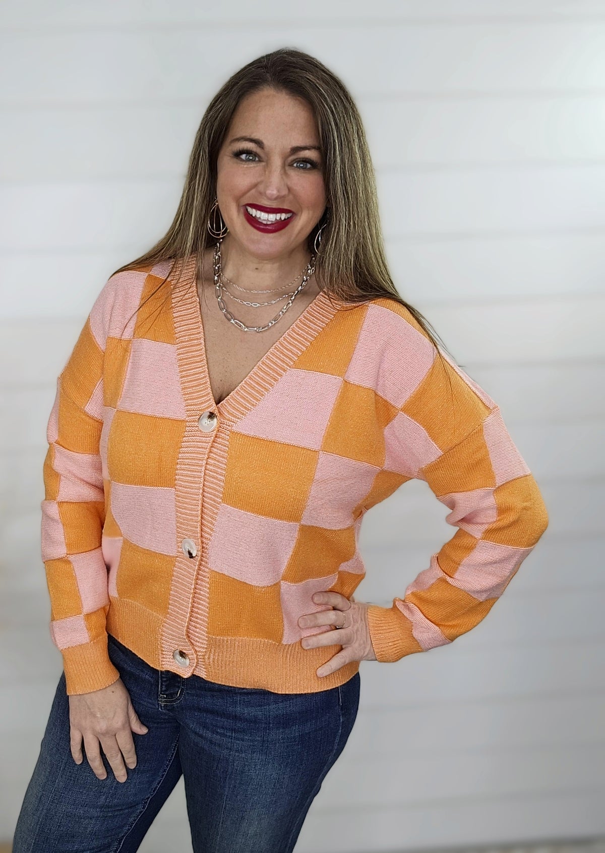 ORANGE/PINK CHECKERED BUTTON CARDIGAN