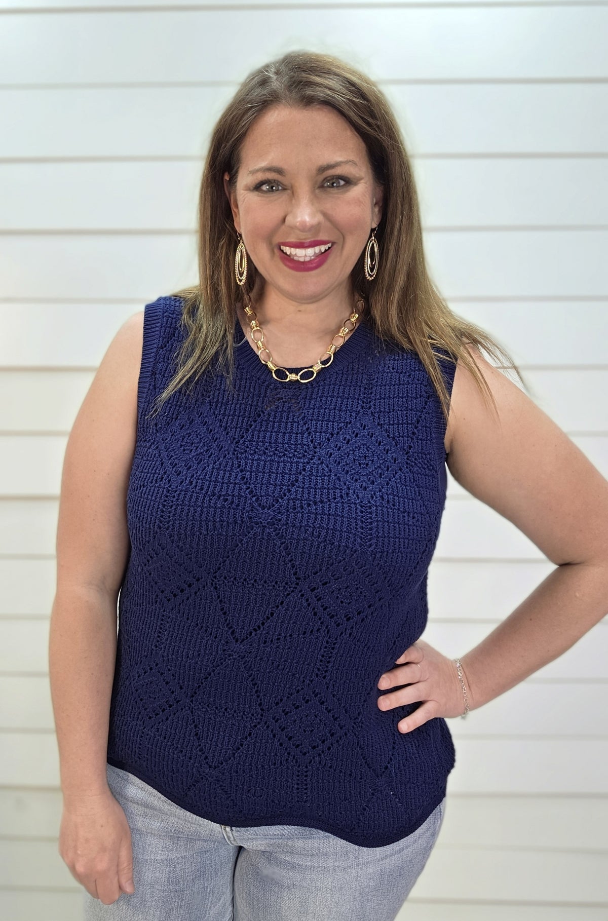 NAVY CROCHET SLEEVELESS SWEATER TANK W/ SCALLOPED EDGE