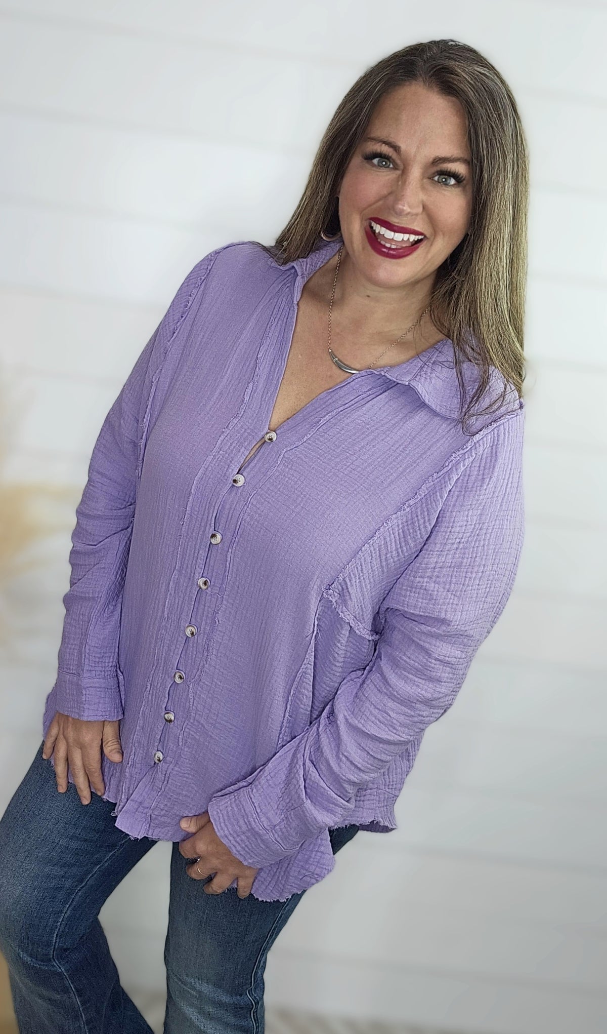 LAVENDER OVERSIZED COTTON GAUZED LONG SLEEVE BUTTON DOWN TOP