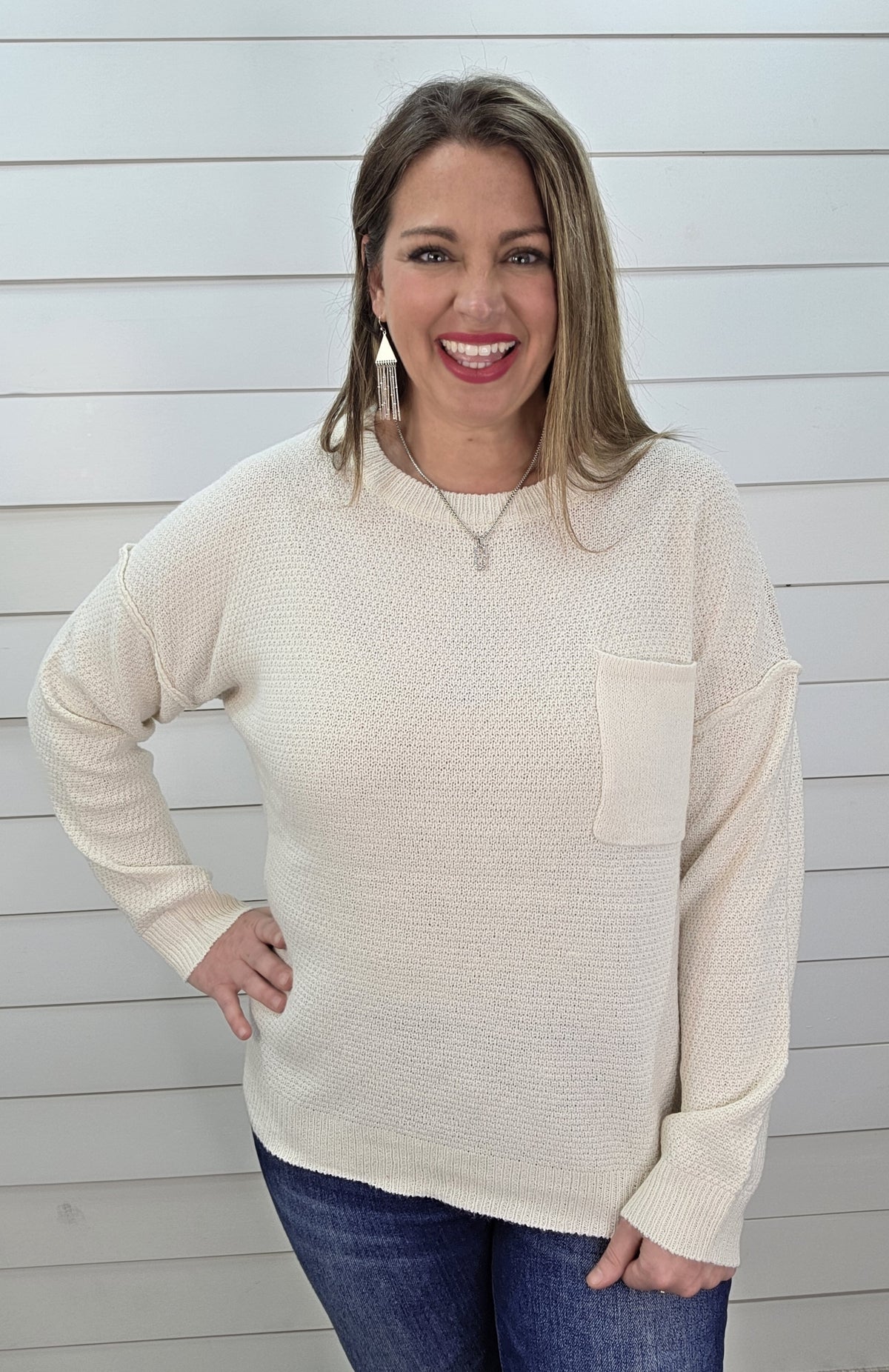 IVORY TEXTURED CHEST POCKET CREW NECK SWEATER