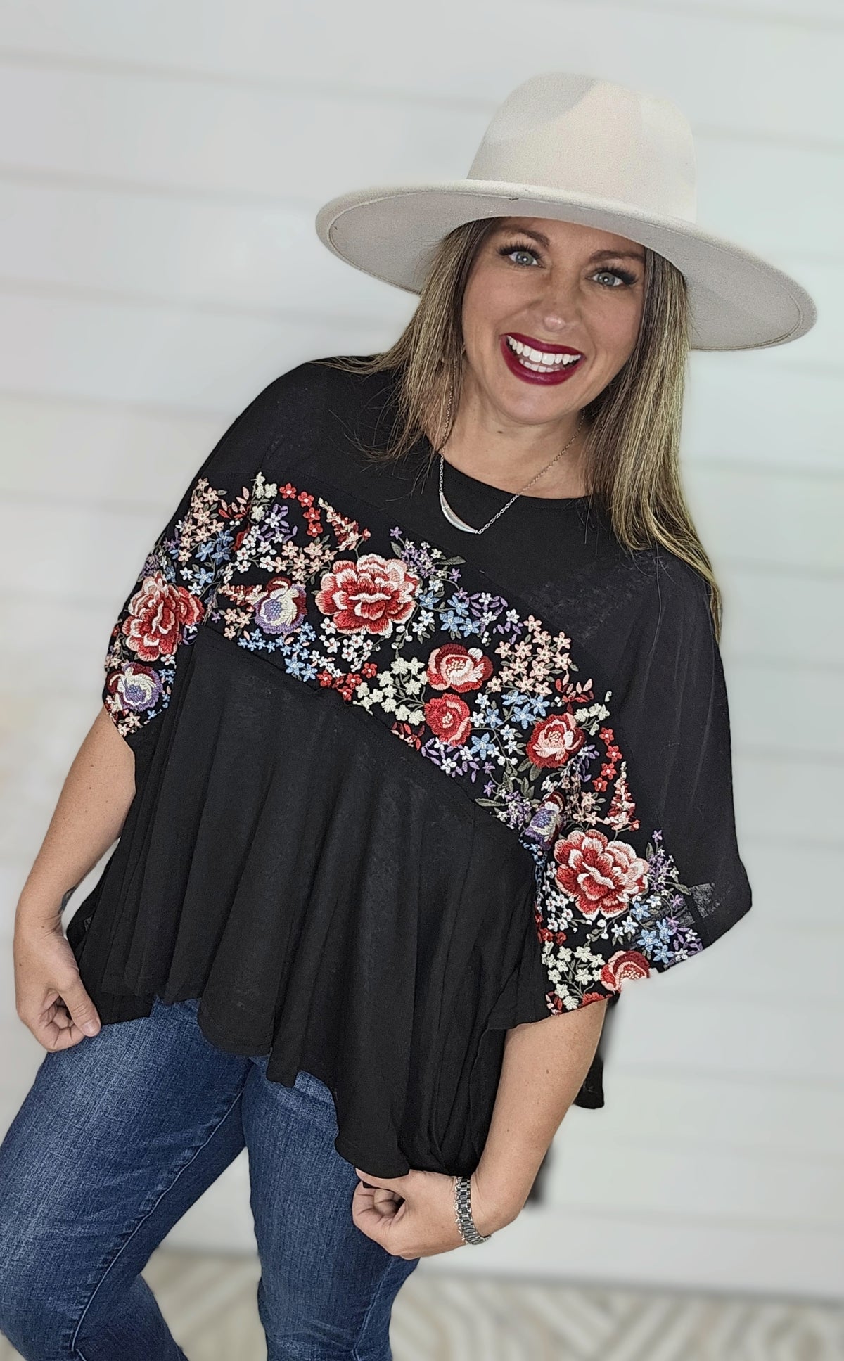 BLACK FLOWY FLORAL EMBROIDERED OVERSIZED TOP