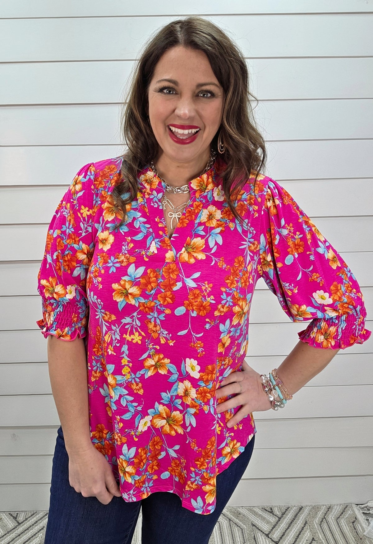 DEAR SCARLETT SMOCKED TOP - HOT PINK FLORAL PRINT