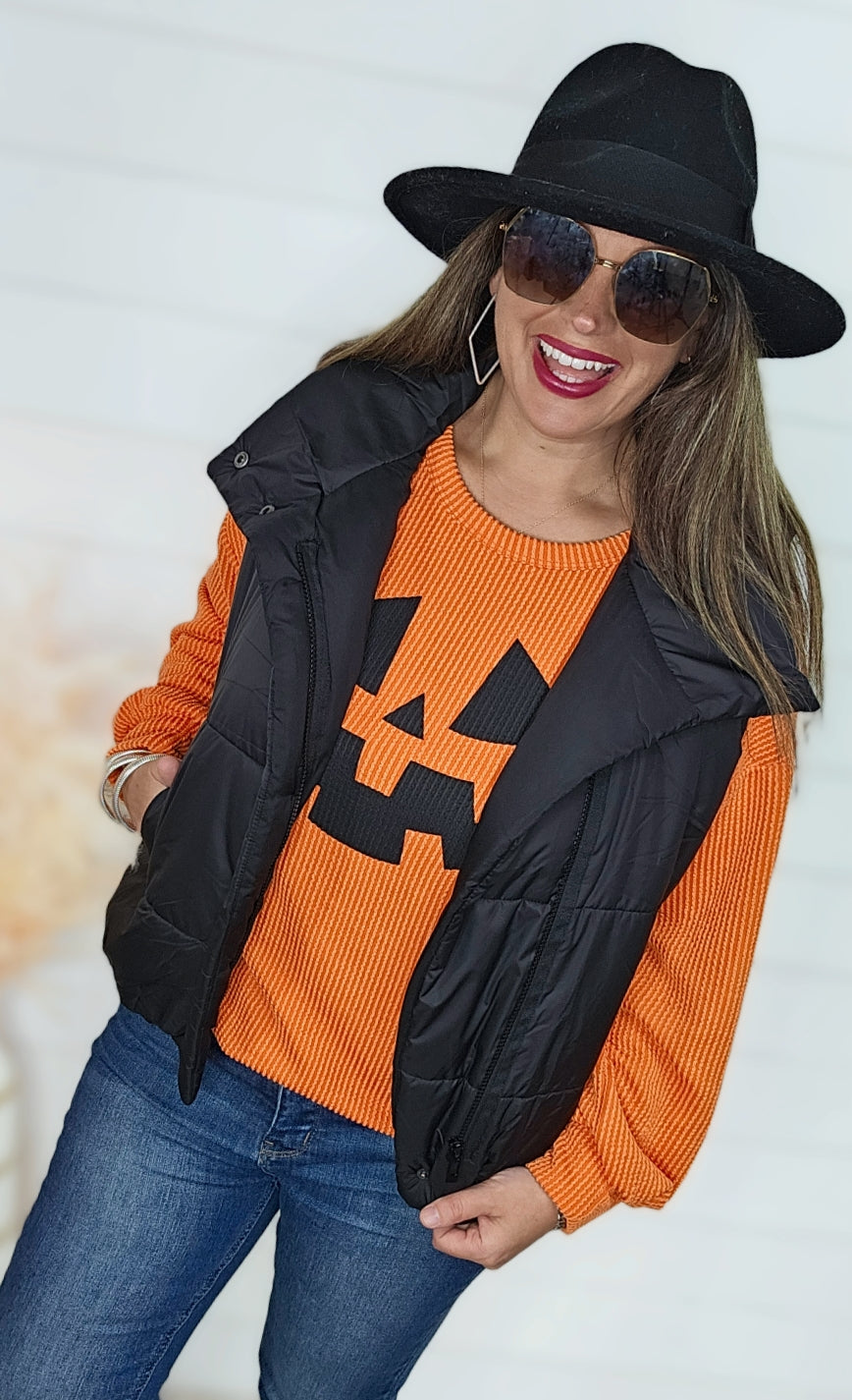 ORANGE RAISED RIBBED JACK O LANTERN TOP