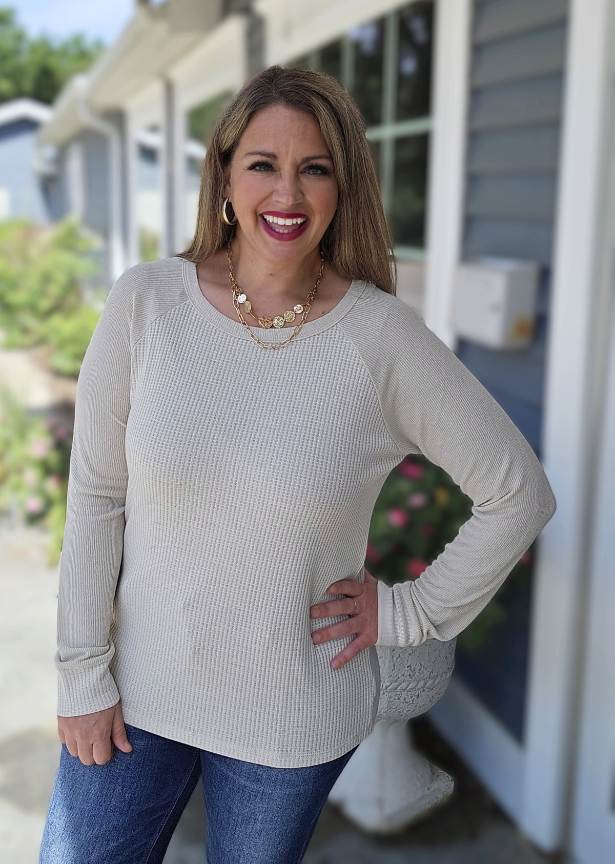 NATURALCONTRAST LONG SLEEVE WAFFLE KNIT TOP