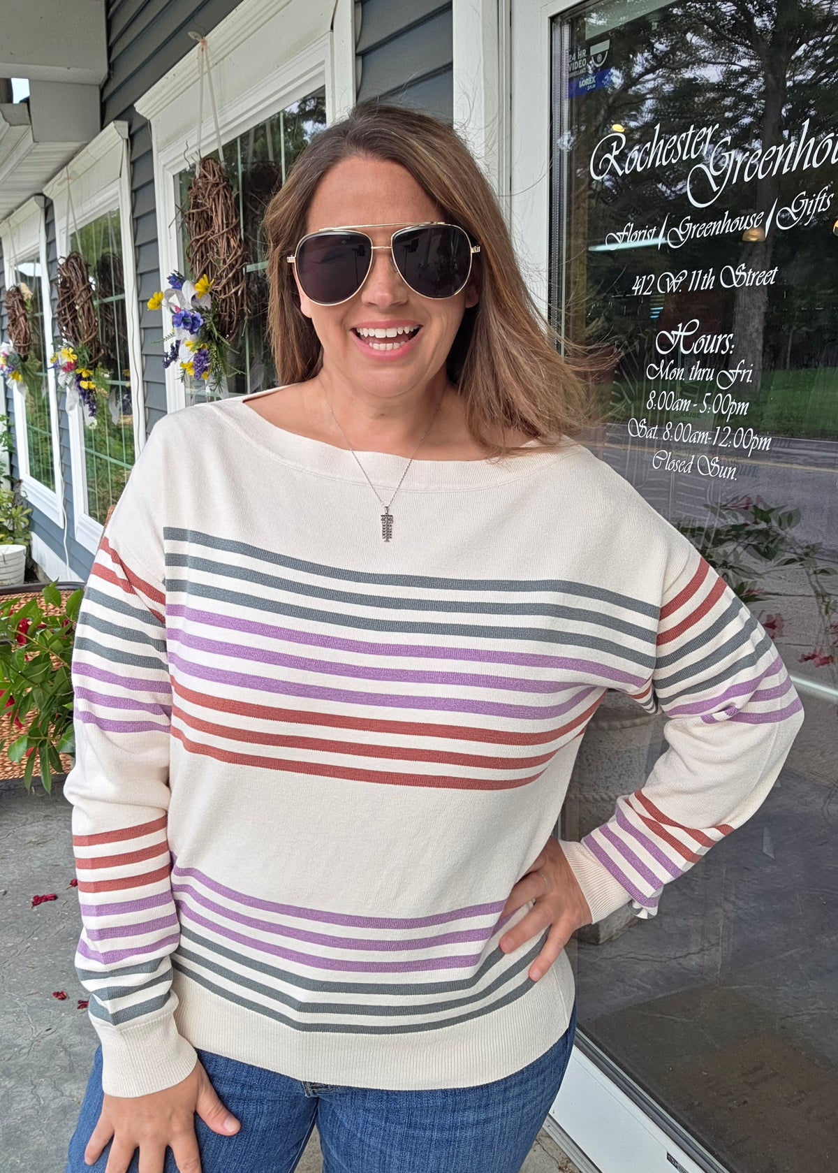 OLIVE/LAVENDER Boat Neck, Long Sleeve, Multi Color Engineer Striped Sweater