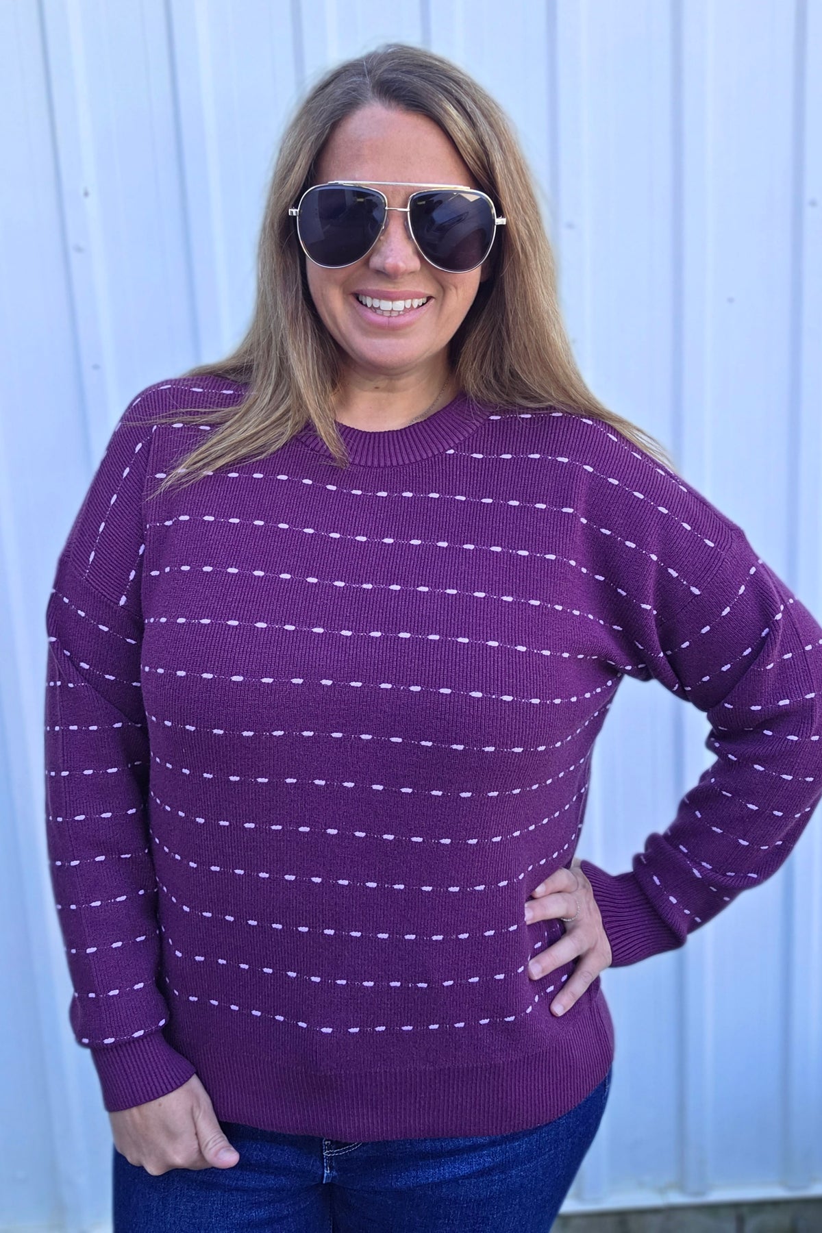 Plum Texture Striped, Crew Neck, Long Sleeve, Pullover Sweater
