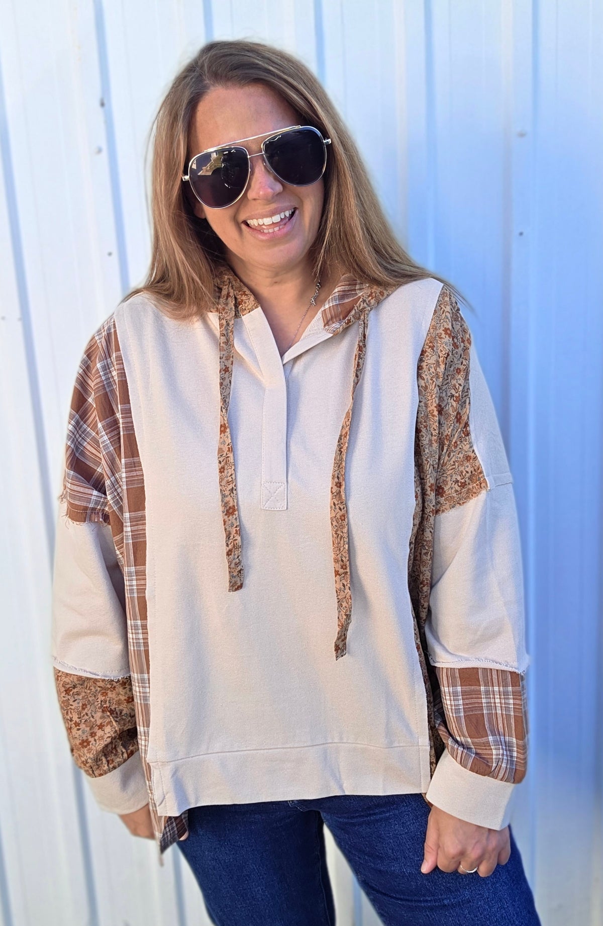 Oatmeal Snap Button Down Plaid Check Floral Print Color Block With Cut Edge Detail Drop Light Weight Hoodie