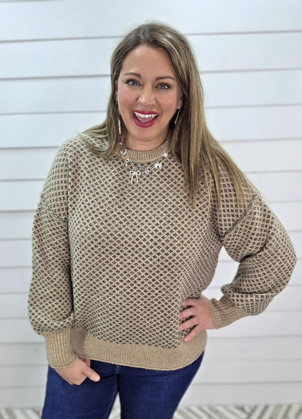 KHAKI MINI JACQUARD CREW NECK LONG SLEEVE SWEATER