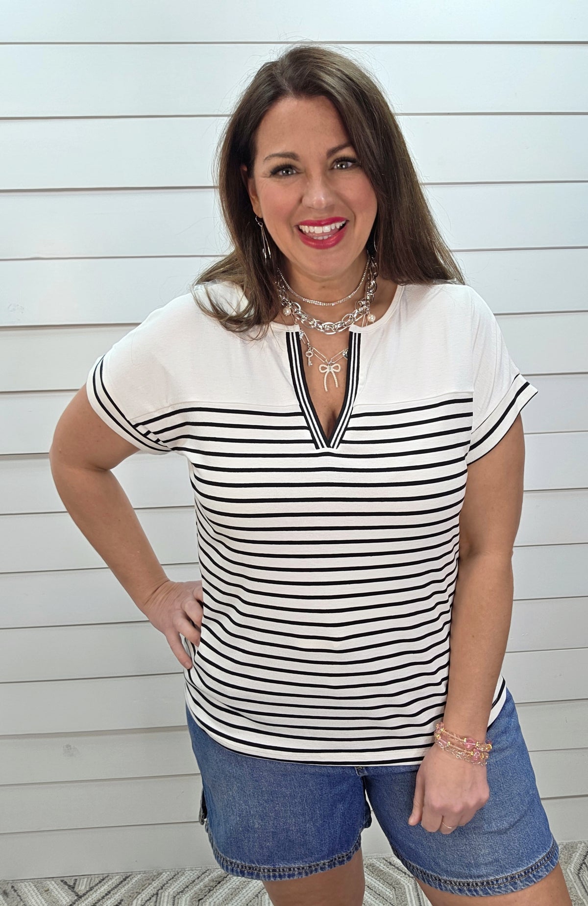 BLACK & WHITE STRIPED COLORBLOCK V NECK FRENCH TERRY KNIT TOP