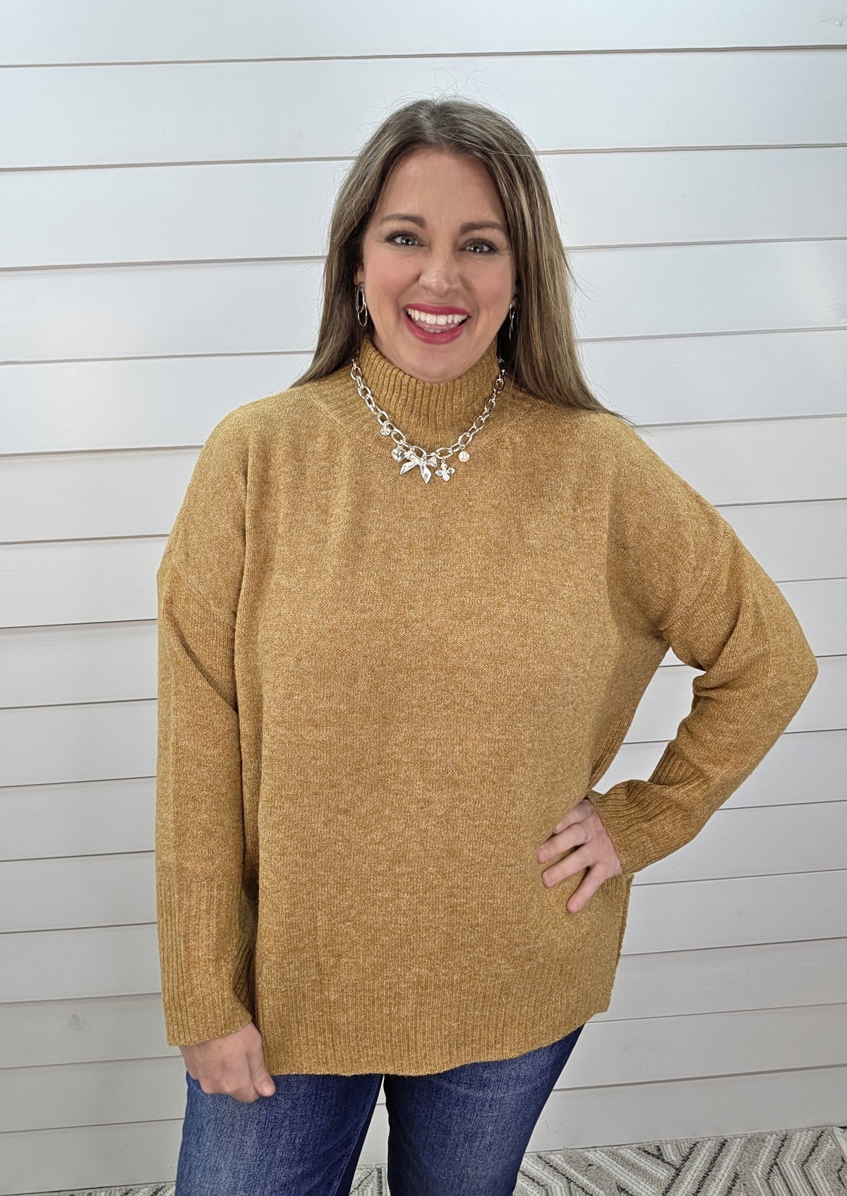 KAREN HART MUSTARD LOOSE FIT MOCK NECK TUNIC SWEATER
