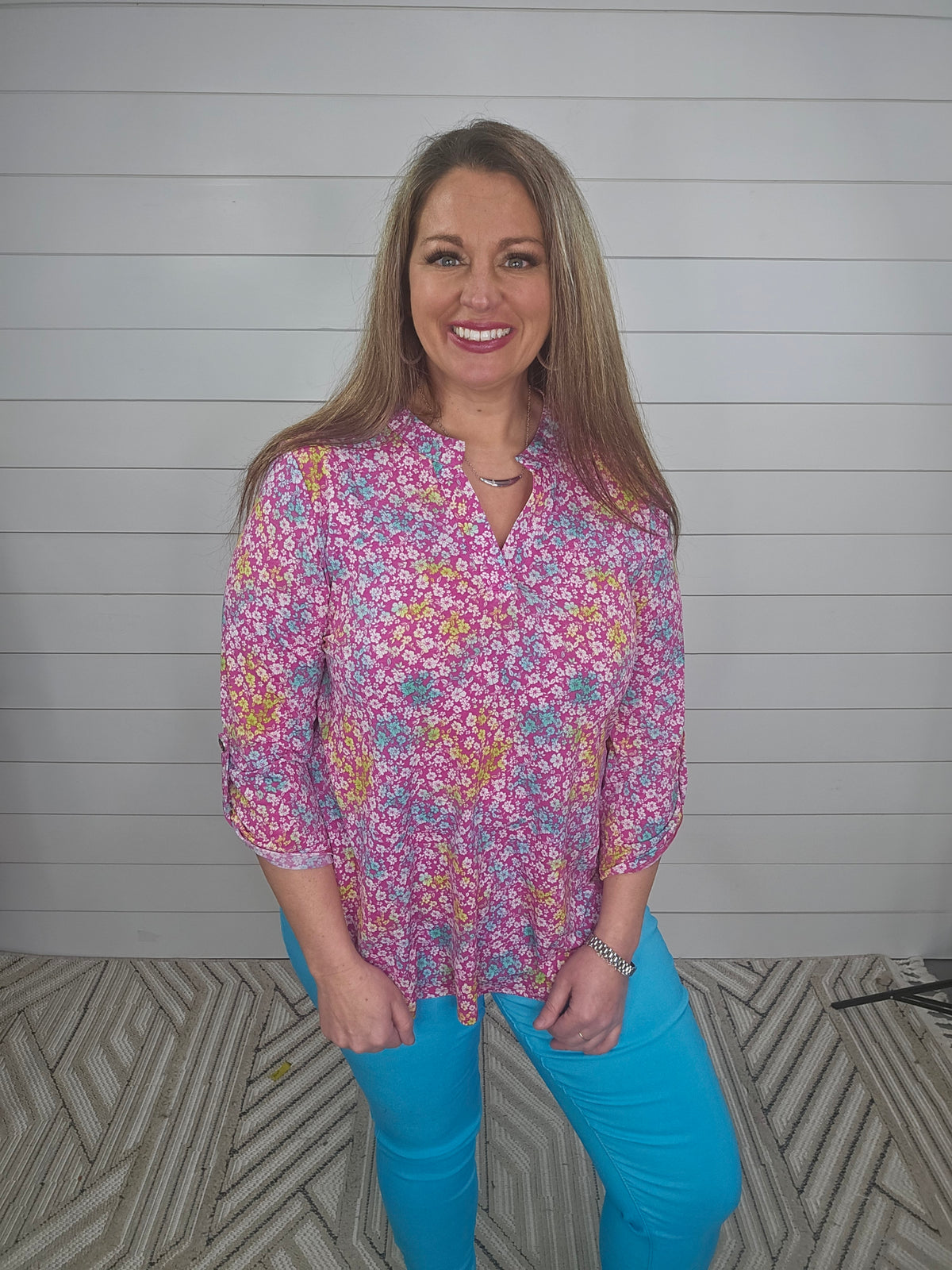 PINK FLORAL POPS OF COLOR LIZZY TOP