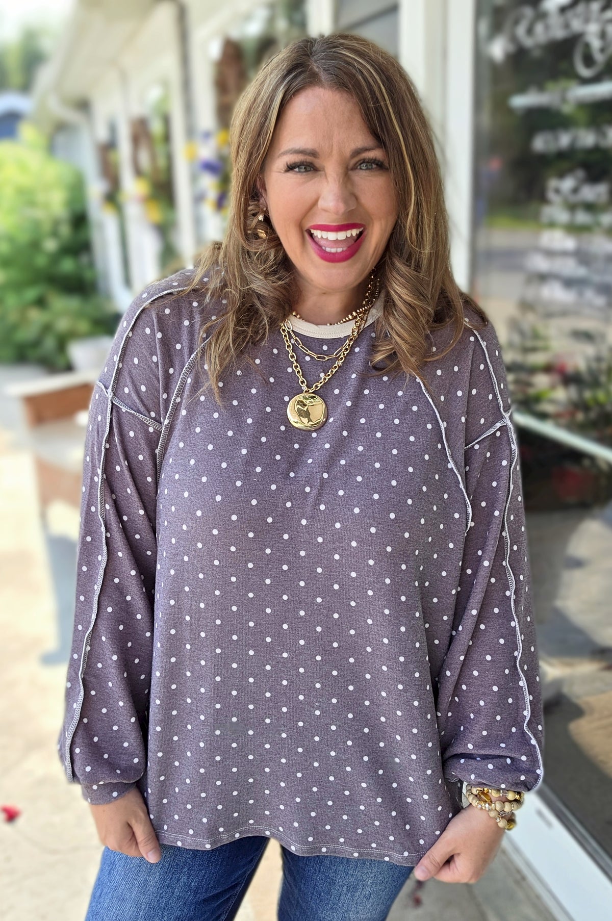 BROWN KNIT POLKADOT LOOSE KNIT TOP