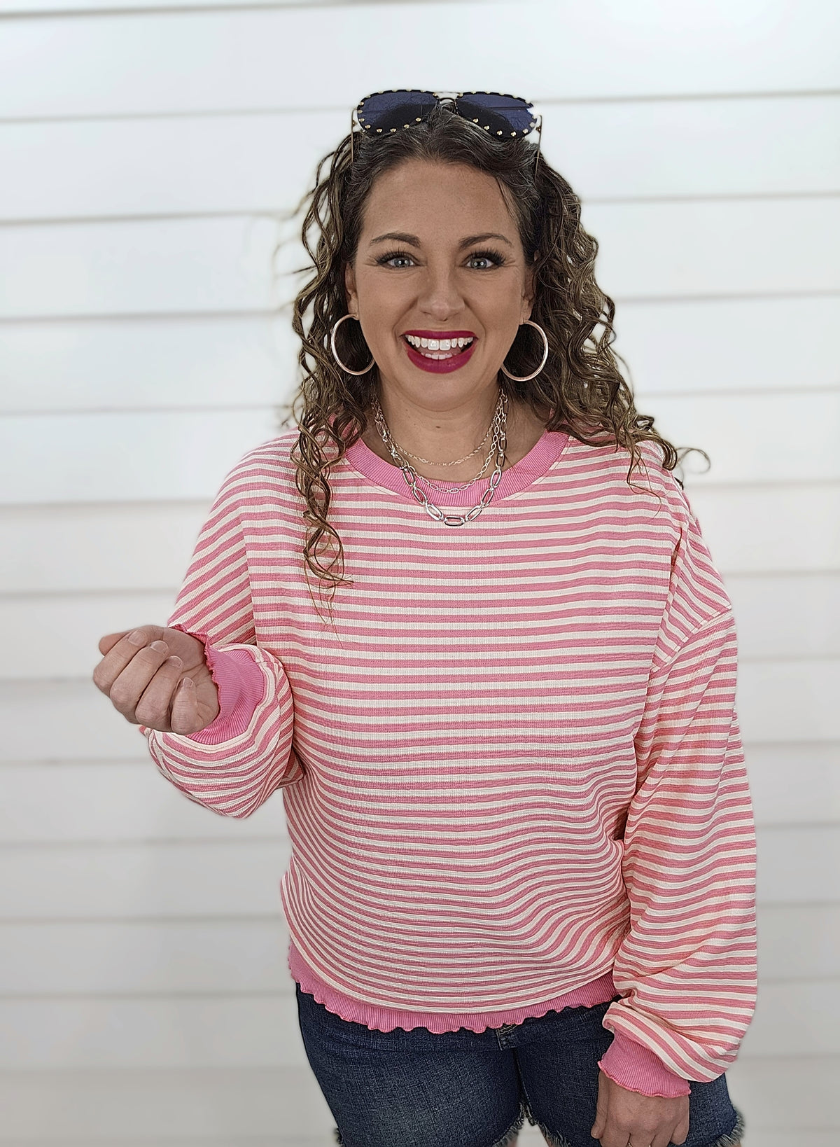 PINK STRIPED LOOSE KNIT LONG SLEEVE TOP