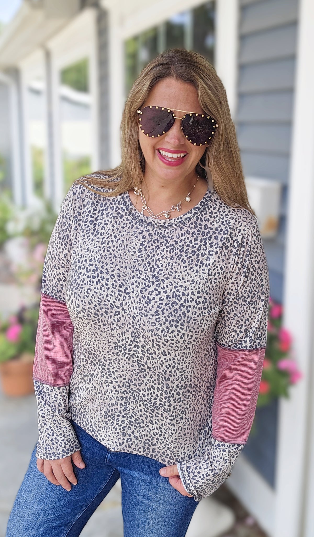 MOCHA ANIMAL PRINT KNIT TOP W/ BUTTON AND RIBBED INSERT LONG SLEEVE