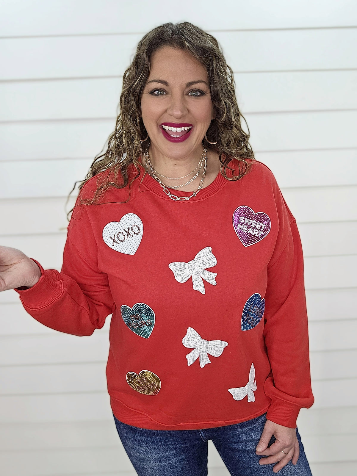 RED CONVERSATION HEART/BOW PULLOVER