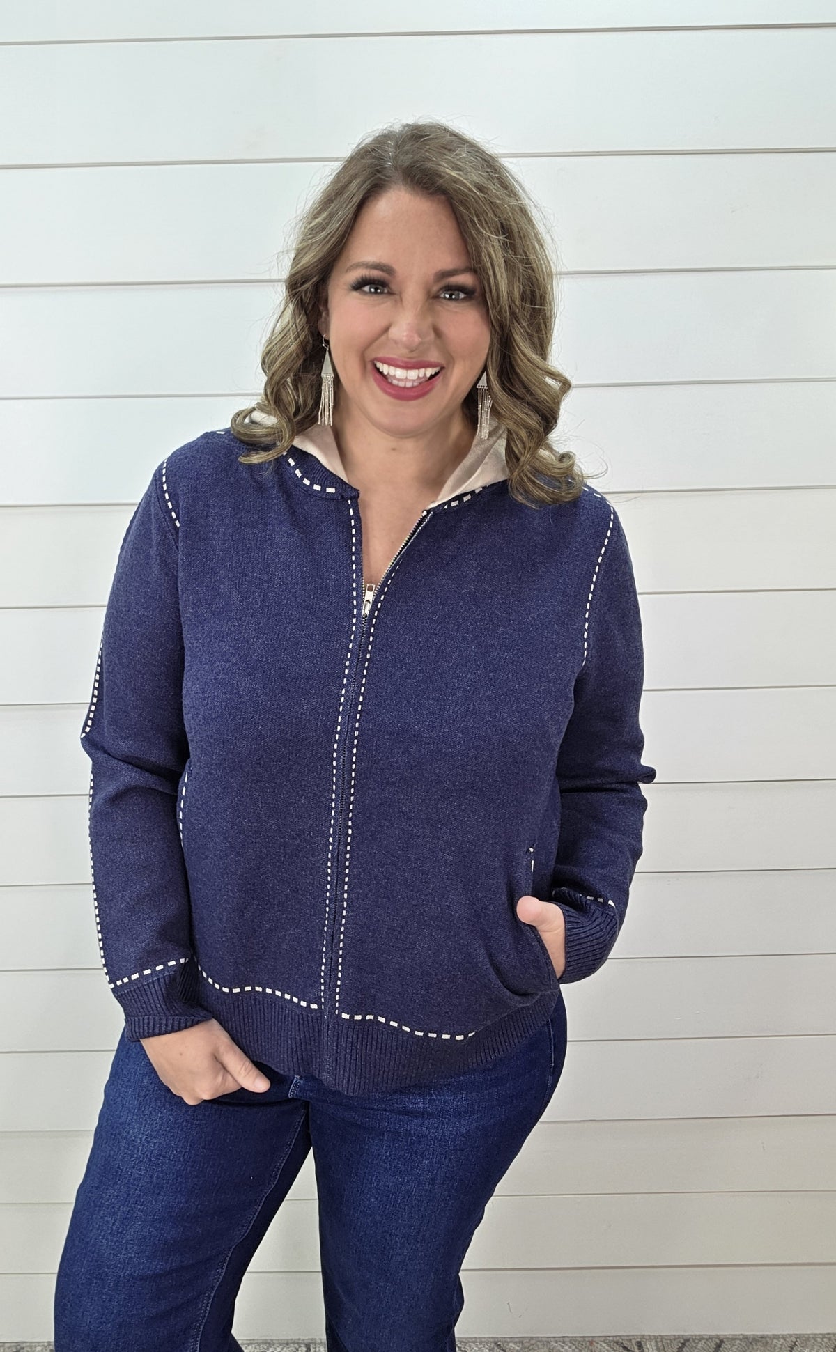 INDIGO REMOVEABLE HOOD STITCH ACCENT FULL ZIP SWEATER