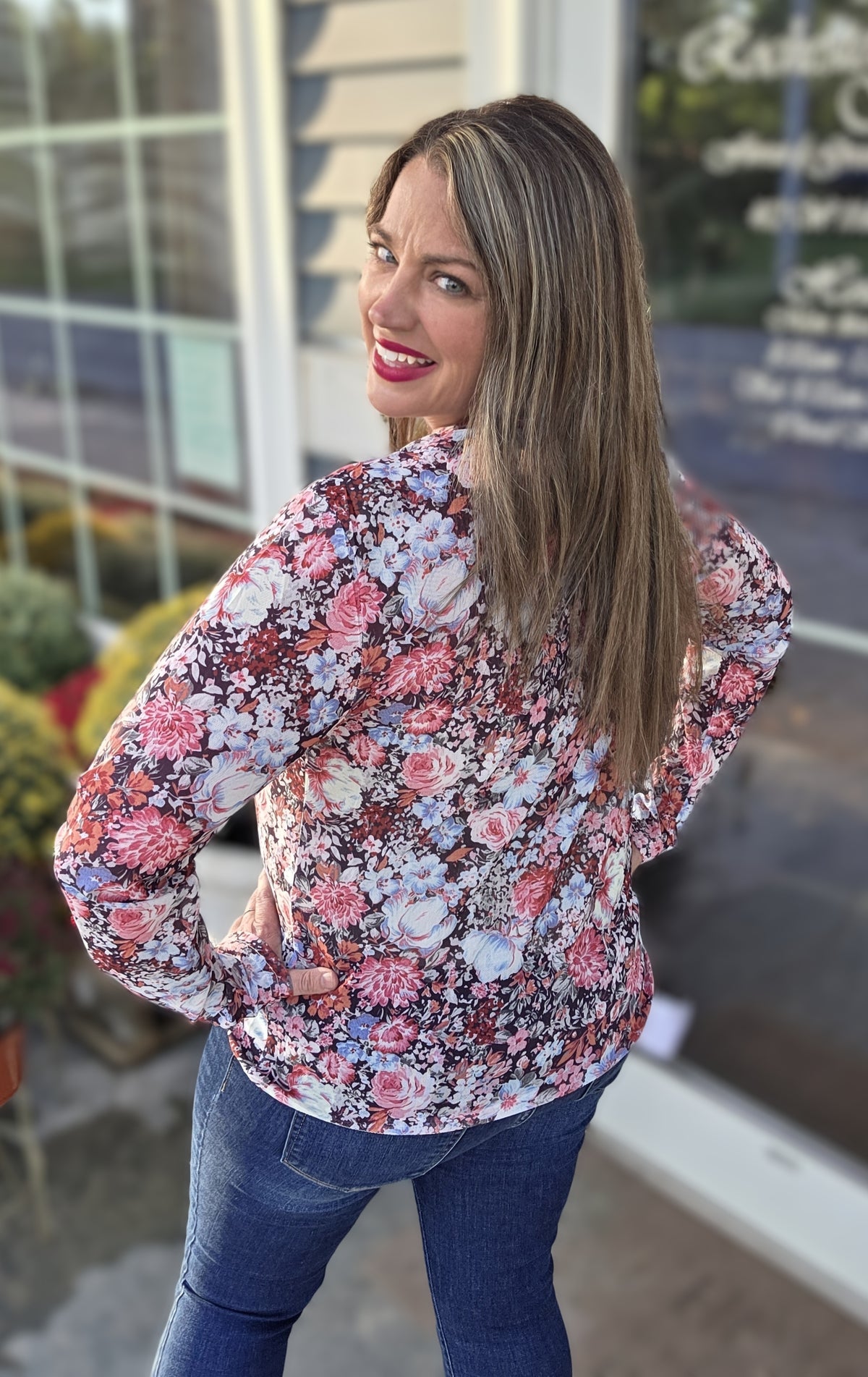 SHIRLEY AND STONE DARK FLORAL MESH TOP