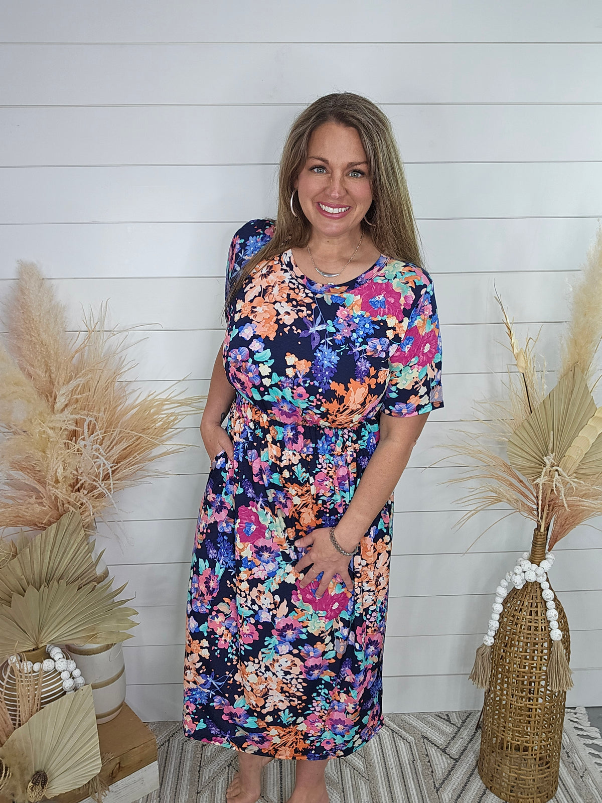 NAVY FLORAL ELASTIC WAIST MAXI DRESS