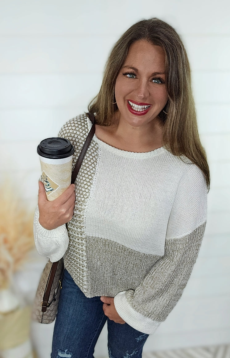 TAUPE MULTI BLOCK KNIT TIE BACK SWEATER