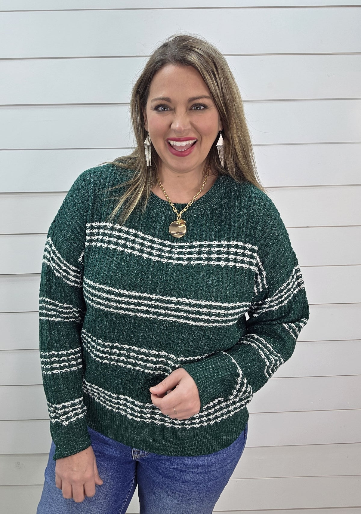 HUNTER GREEN STRIPED TEXTURED PULLOVER SWEATER