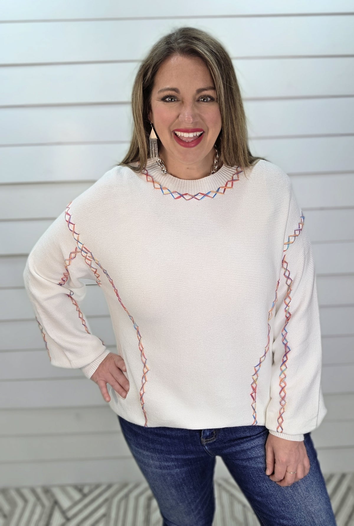 WHITE RAINBOW STITCH ULTRA SOFT SWEATER