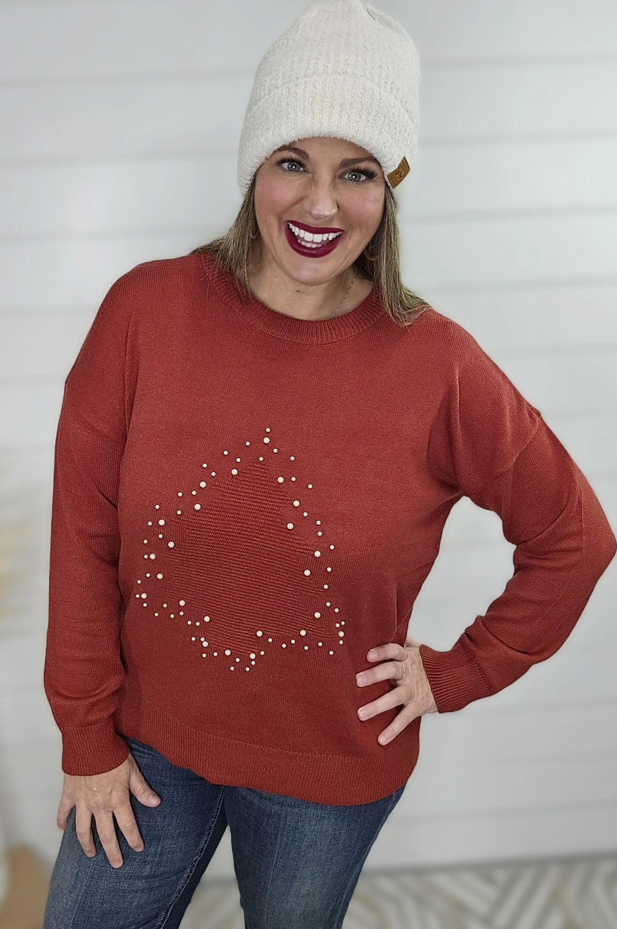 RED PEARL TREE SWEATER