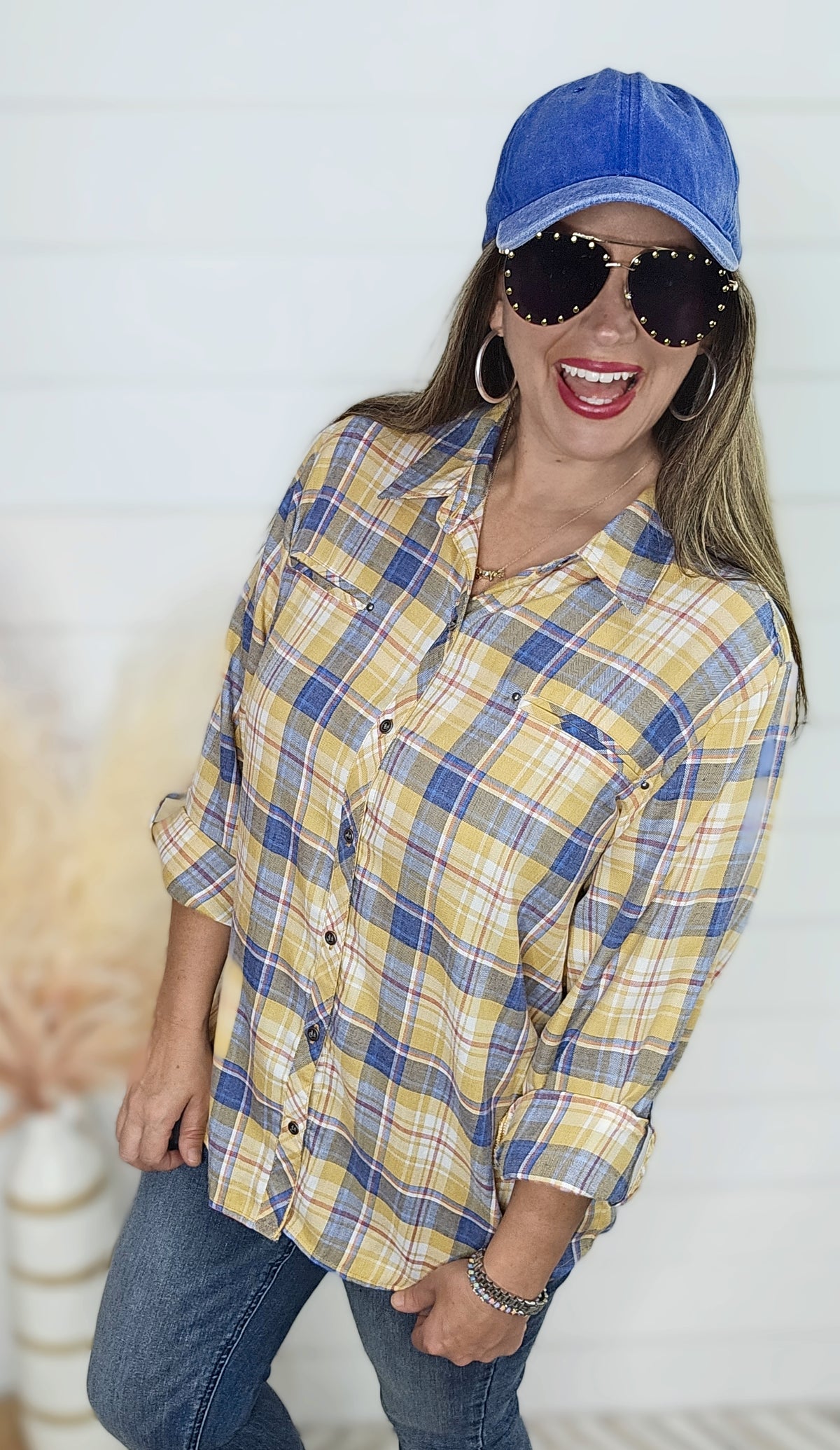 YELLOW/BLUE PLAID BUTTON DOWN W/ ROLLUP SLEEVES