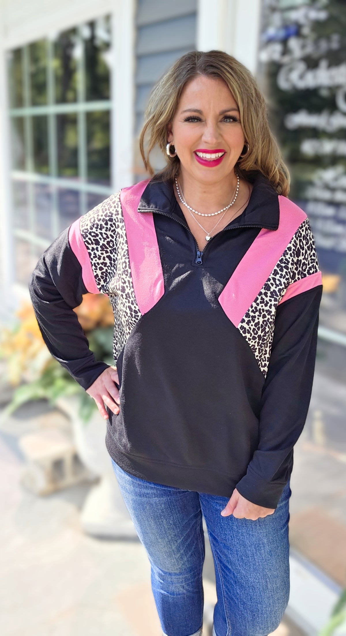 BLACK/PINK/LEOPARD COLORBLOCK FRENCH TERRY QUARTER ZIP PULLOVER