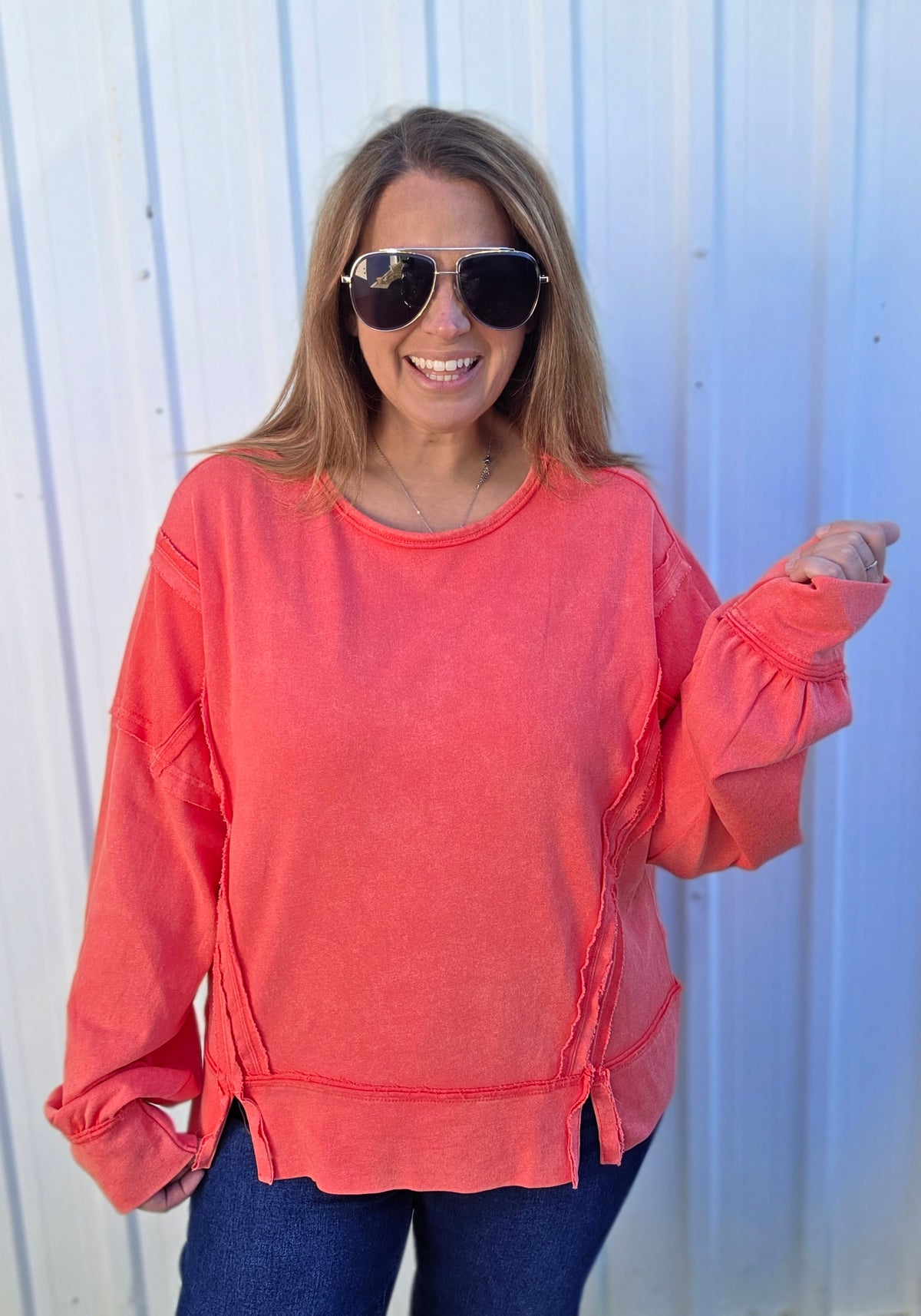 CORAL SOFT FRENCH TERRY PULLOVER WITH SPLIT FRONT AND RAW SEAMS