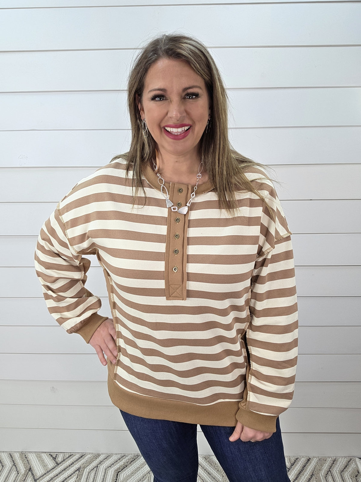 MOCHA/CREAM STRIPED BUTTON HENLEY FRECH TERRY TOP